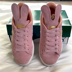 Pink Puma Bunny Ear Sneakers with suede finish and playful bunny tongue design.